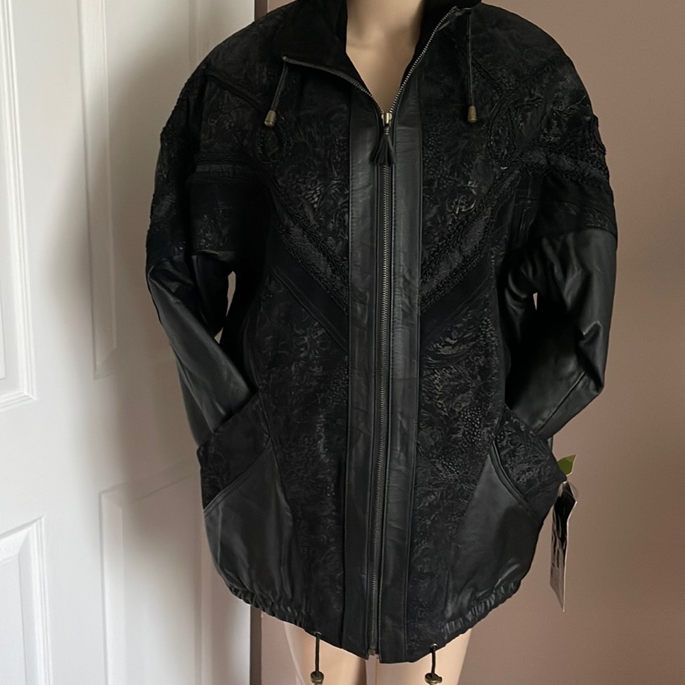 Winlit Vintage Embossed Genuine Leather Mid Length Zip Front Jacket Sz S